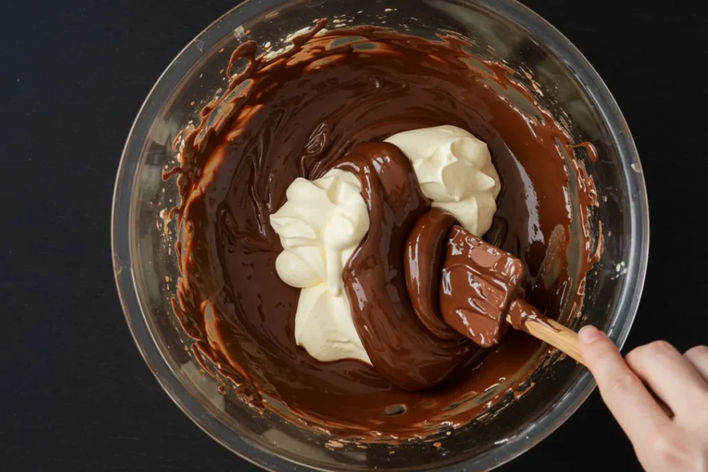 Mélange du chocolat fondu et du mascarpone dans un bol sur une table noire