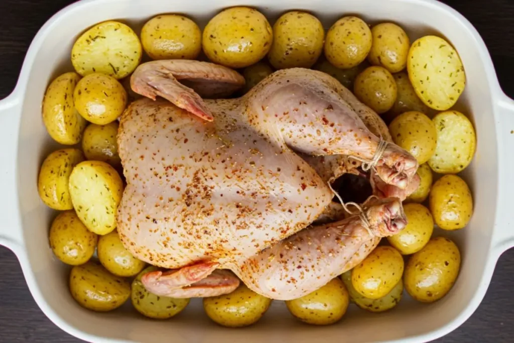 Poulet rôti aux pommes de terre bien disposés dans un plat blanc