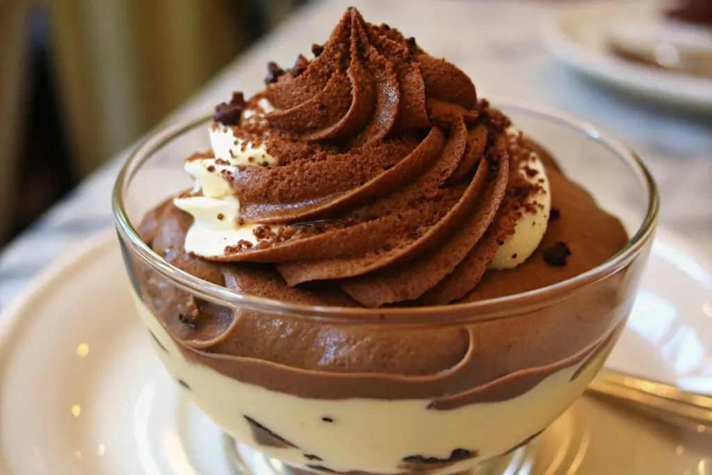 mousse au chocolat et mascarpone servie dans une verrine.