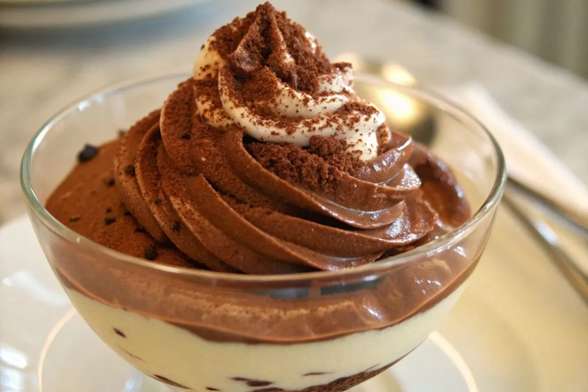 mousse au chocolat et mascarpone servie dans une verrine.