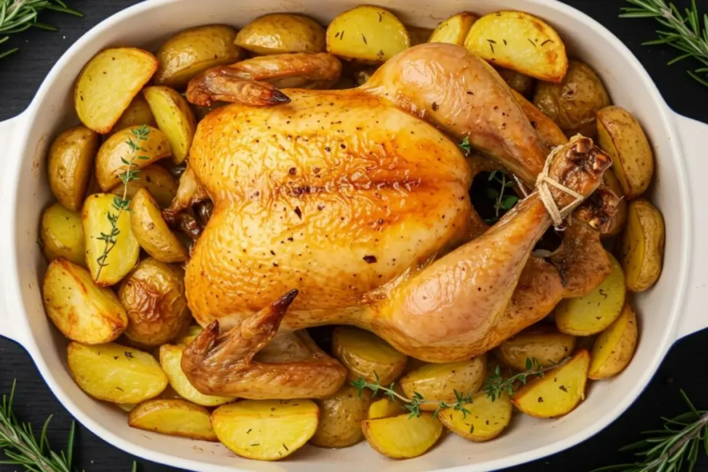 Poulet rôti aux pommes de terre dorées dans un grand plat blanc allant au four