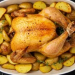 Poulet rôti aux pommes de terre dorées dans un grand plat blanc allant au four
