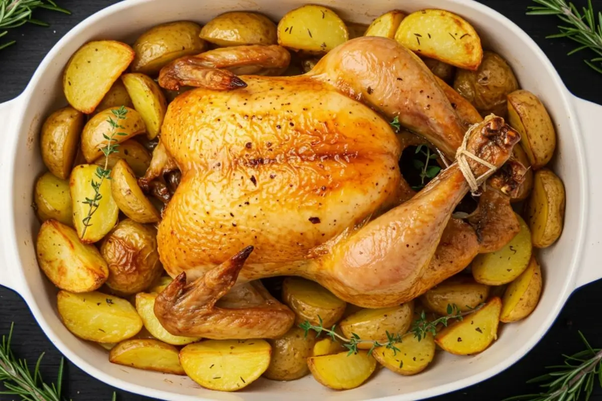 Poulet rôti aux pommes de terre dorées dans un grand plat blanc allant au four