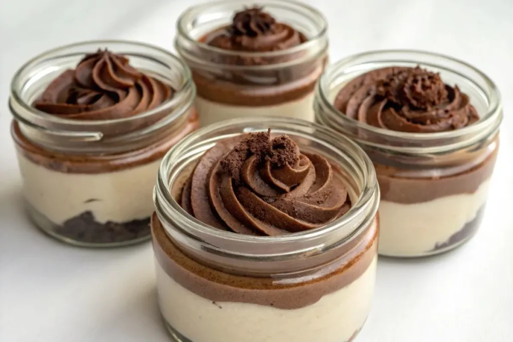 Verrines de mousse au chocolat mascarpone prêtes à être réfrigérées