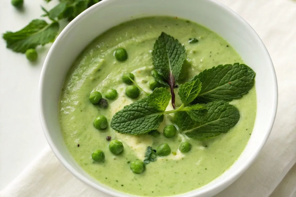 velouté de petits pois dans un bol blanc, garni de crème et de feuilles de menthe.