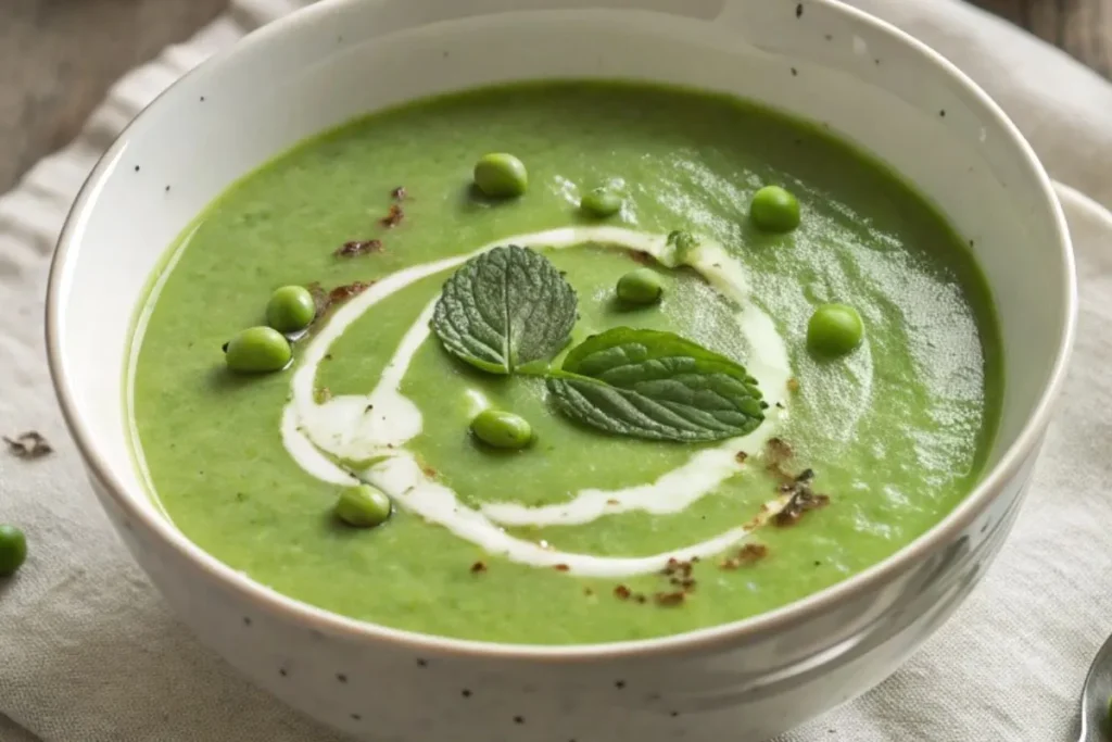 velouté de petits pois dans un bol blanc, garni de crème et de feuilles de menthe.