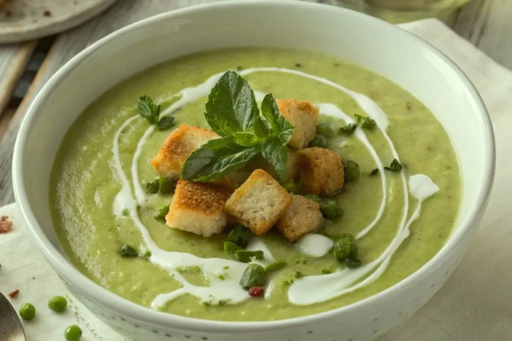 Bol de velouté de petits pois crémeux, garni de croûtons dorés et de feuilles de menthe