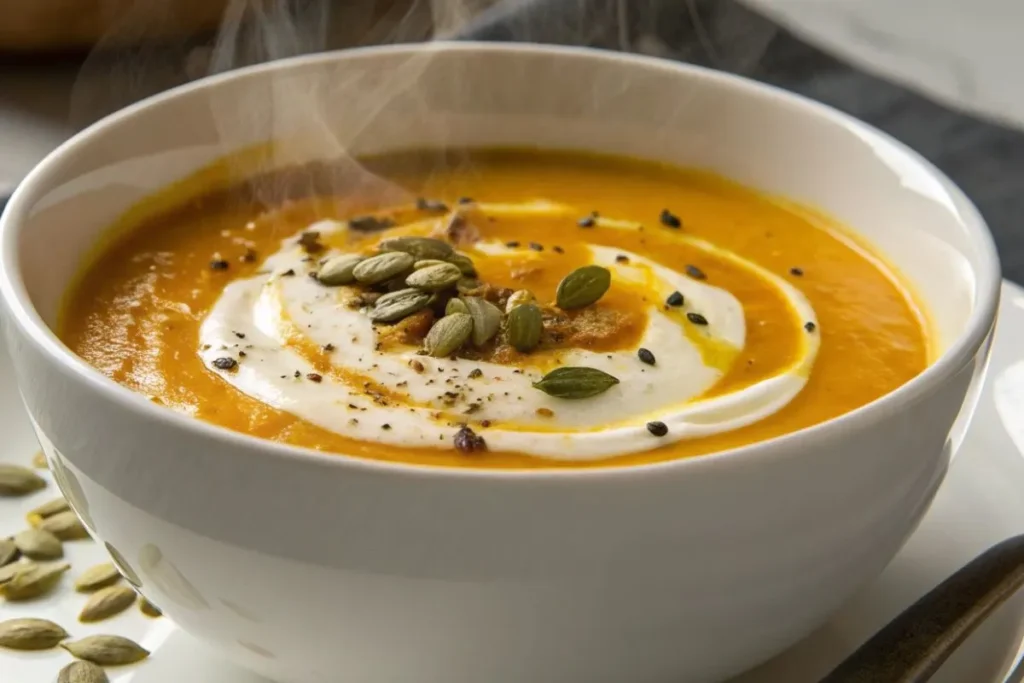 velouté de potimarron au Thermomix servi dans un bol blanc sur une table moderne