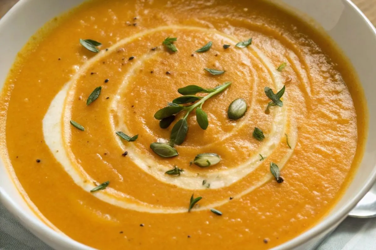 velouté de potimarron au Thermomix servi dans un bol blanc