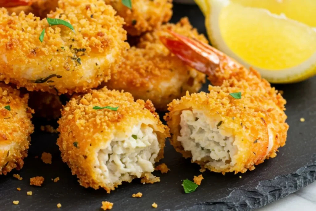 crevettes air fryer croustillantes et dorées sur assiette ardoise, panure dorée texturée, citron et sauce, surface marbre blanc