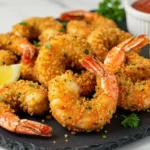 crevettes air fryer croustillantes et dorées sur assiette ardoise, panure dorée texturée, citron et sauce, surface marbre blanc