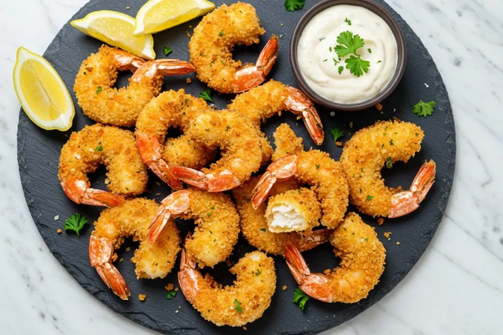 crevettes air fryer croustillantes et dorées sur assiette ardoise, panure dorée texturée, citron et sauce, surface marbre blanc