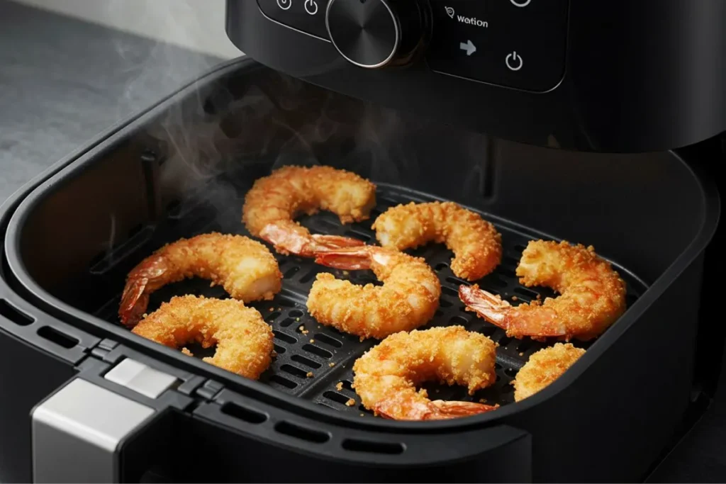Crevettes panées dorées cuisant dans panier perforé air fryer Philips, cuisson sans huile, vapeur visible, process de brunissage parfait
