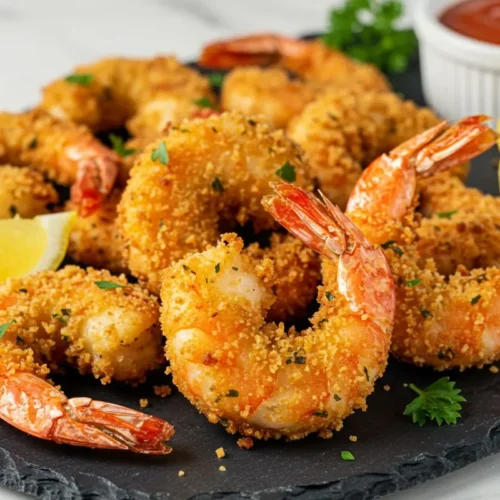 crevettes air fryer croustillantes et dorées sur assiette ardoise, panure dorée texturée, citron et sauce, surface marbre blanc