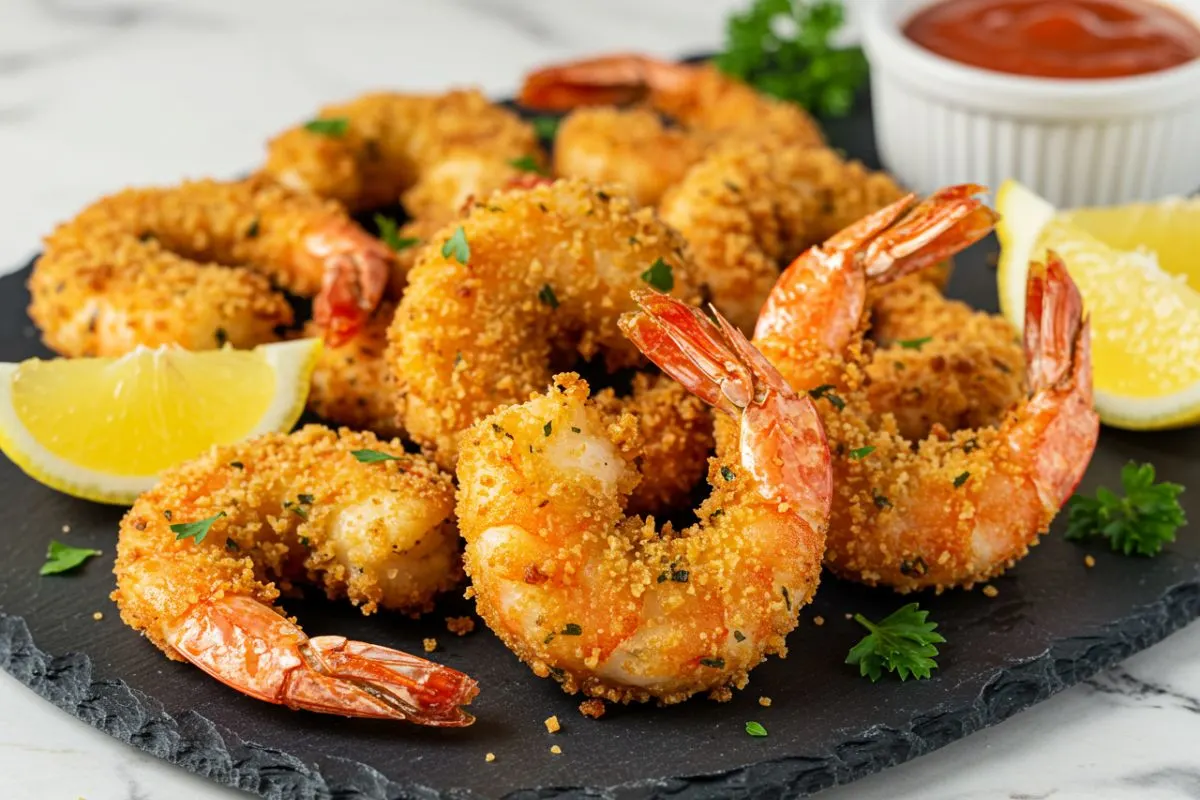 crevettes air fryer croustillantes et dorées sur assiette ardoise, panure dorée texturée, citron et sauce, surface marbre blanc