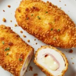 cordon bleu poulet air fryer sur assiette blanche, enrobage doré croustillant, fromage fondant visible, surface marbre blanc