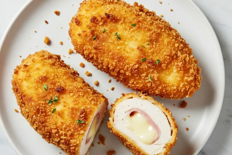 cordon bleu poulet air fryer sur assiette blanche, enrobage doré croustillant, fromage fondant visible, surface marbre blanc