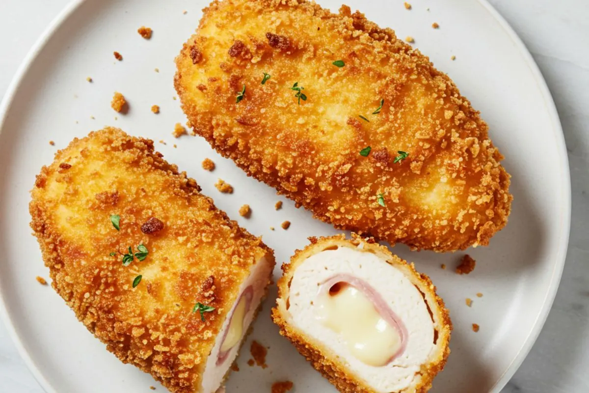 cordon bleu poulet air fryer sur assiette blanche, enrobage doré croustillant, fromage fondant visible, surface marbre blanc