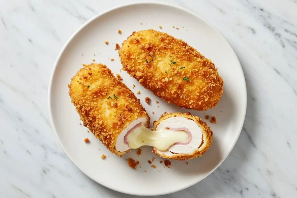 cordon bleu poulet air fryer sur assiette blanche, enrobage doré croustillant, fromage fondant visible, surface marbre blanc